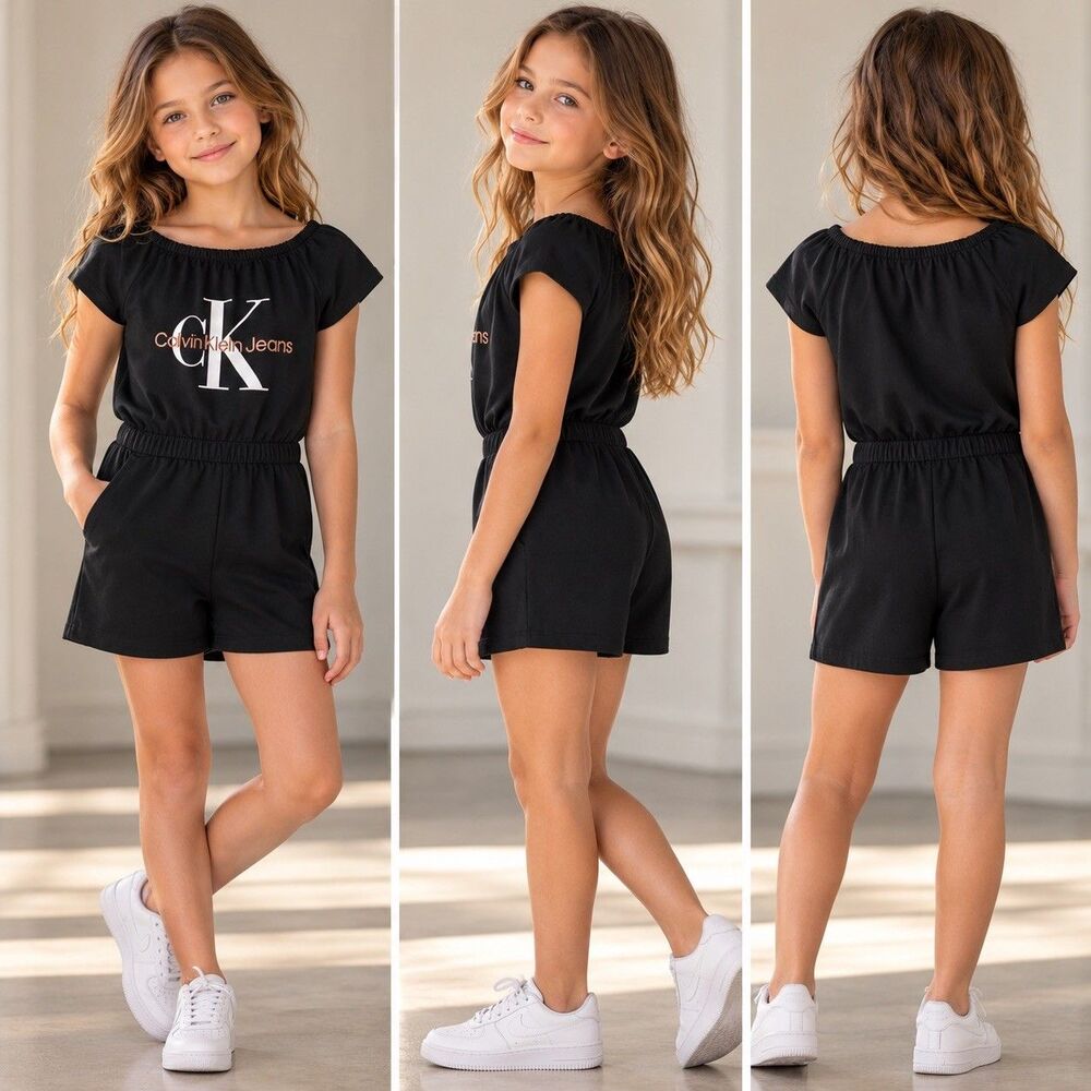 Calvin Klein Jeans Girls Black Logo Romper Short Sleeve Cotton Size M 8/10 NWT
